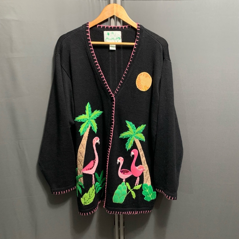 BB-Women's Vintage VTG The Quacker Factory Flamingo and sequins Cardigan, 1X